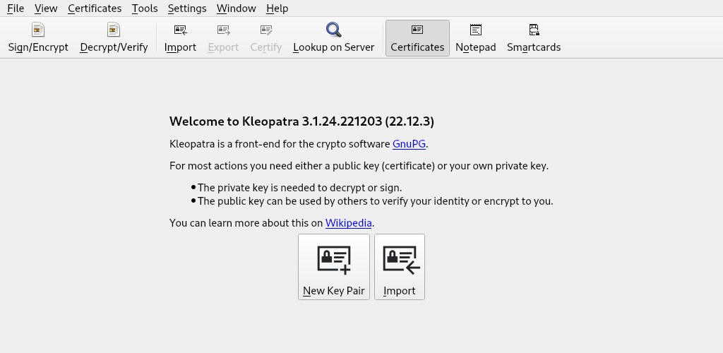 screenshot of kleopatra running in debian 12
