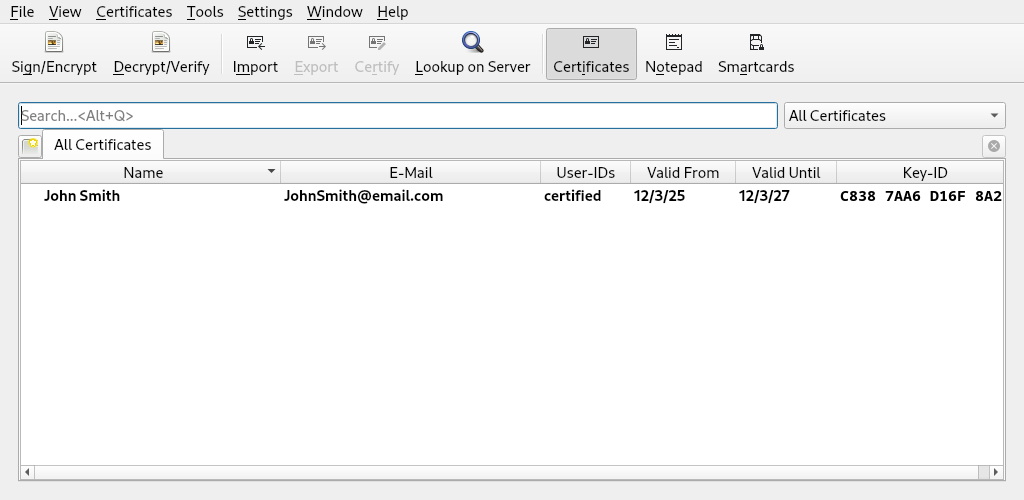 screenshot of kleopatra running in debian 12