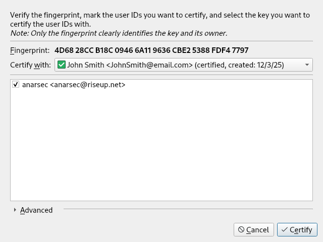 screenshot of kleopatra running in debian 12
