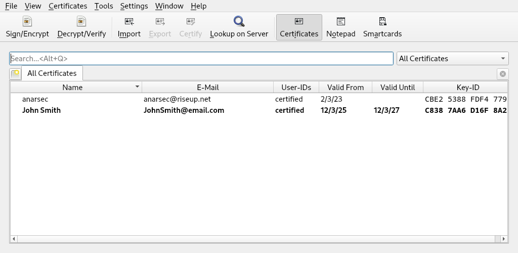 screenshot of kleopatra running in debian 12