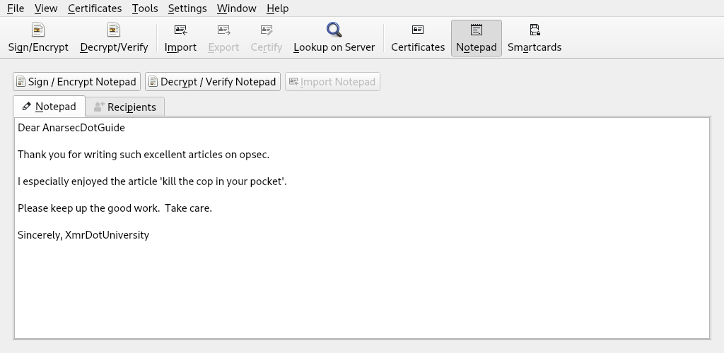 screenshot of kleopatra running in debian 12