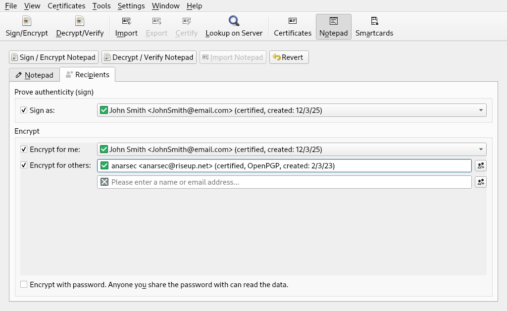 screenshot of kleopatra running in debian 12